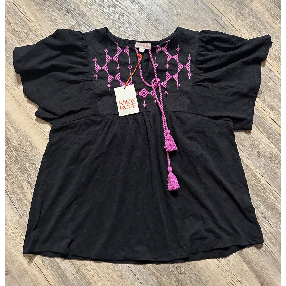 Knox Rose Flutter Sleeve Blouse Women’s Size Small Black Purple Embroidered